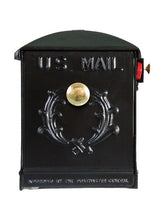 Load image into Gallery viewer, 119k black imperial mailbox with wreath on the door and both sides of the mailbox, brass knob, and red powder coated slide flag
