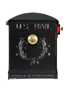 119k black imperial mailbox with wreath on the door and both sides of the mailbox, brass knob, and red powder coated slide flag