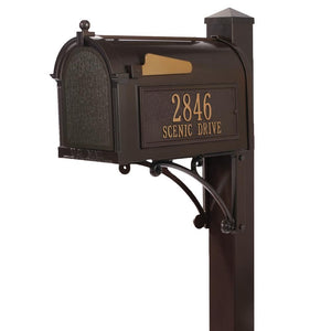 Whitehall bronze cast aluminum mailbox with custom address plaque on the side in gold letters and gold flag