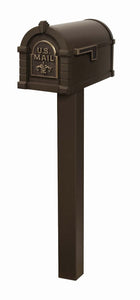 Bronze keystone fleur de lis mailbox with brass faceplate and corresponding black square post