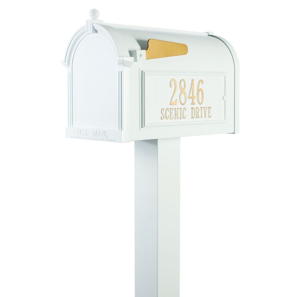 Whitehall white cast aluminum mailbox with custom address plaque on the side in gold letters and gold flag