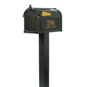 Whitehall bronze cast aluminum mailbox with custom address plaque on the side in gold letters and gold flag