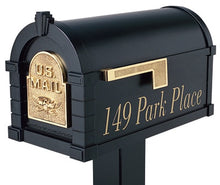 Load image into Gallery viewer, Keystone Mailbox showing gold lettering of street address. 
