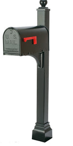 Black Janzer mailbox and post with ball finial and decorative square cuff base. 