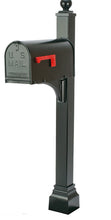 Load image into Gallery viewer, Black Janzer mailbox and post with ball finial and decorative square cuff base. 
