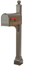 Load image into Gallery viewer, Bronze Janzer mailbox and post with ball finial and decorative square cuff base. The address is added to the mailbox on the flag side
