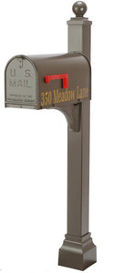 Bronze Janzer mailbox and post with ball finial and decorative square cuff base. The address is added to the mailbox on the flag side