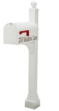 Load image into Gallery viewer, White Janzer mailbox and post with ball finial and decorative square cuff base. The address is added to the mailbox on the flag side
