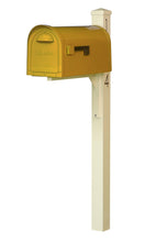 Load image into Gallery viewer, Special lite mid-century modern mailbox and post.  A Yellow powdered coated mailbox  with side flag. A square ivory post with pyramind finial and black vinyl address numbers on the side
