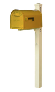Special lite mid-century modern mailbox and post.  A Yellow powdered coated mailbox  with side flag. A square ivory post with pyramind finial and black vinyl address numbers on the side