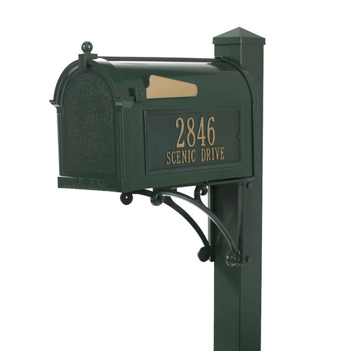 Whitehall green cast aluminum mailbox with custom address plaque on the side in gold letters and gold flag