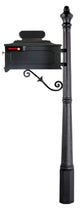 Load image into Gallery viewer, Black imperial geometric design mailbox and slim fluted post. The S scroll accentuates the mailbox and post from underneath. 
