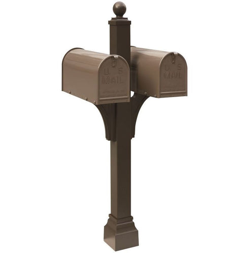 Bronze Janzer double Mailbox with decorative ball finial and decorative, square cuff at the base. Two bronze mailboxes are mounted on either side. 