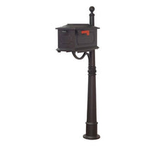 Load image into Gallery viewer, Special lite black kingston curbside mailbox with geometric shape on the side and front door. Modern address plaque secured to the top with 2 inch brass numbers
