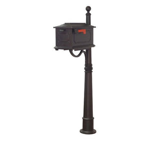 Special lite black kingston curbside mailbox with geometric shape on the side and front door. Modern address plaque secured to the top with 2 inch brass numbers