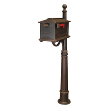 Load image into Gallery viewer, Special lite copper kingston curbside mailbox with geometric shape on the side and front door. Modern address plaque secured to the top with 2 inch brass numbers
