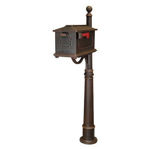 Special lite copper kingston curbside mailbox with geometric shape on the side and front door. Modern address plaque secured to the top with 2 inch brass numbers