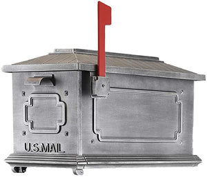 Special lite swedish silver kingston curbside mailbox with geometric shape on the side and front door. Modern address plaque secured to the top with 2 inch brass numbers