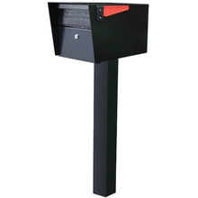 Load image into Gallery viewer, Black powder coated Mail manager mailbox with secure locking door, red flag, and post
