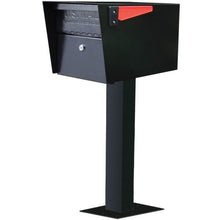 Load image into Gallery viewer, Black powder coated Mail manager mailbox door, secure locking door, red flag, and surface mount post
