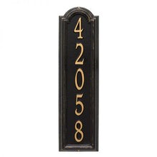 Load image into Gallery viewer, Whitehall Manchester vertical plaque. This plaque is rectangular is design with a small arch on top. This plaque has gold numbers and a black  background
