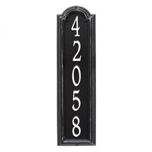 Load image into Gallery viewer, Whitehall Manchester vertical plaque. This plaque is rectangular is design with a small arch on top. This plaque has white numbers and a black  background
