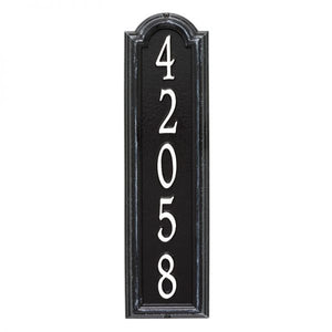 Whitehall Manchester vertical plaque. This plaque is rectangular is design with a small arch on top. This plaque has white numbers and a black  background