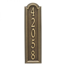 Load image into Gallery viewer, Whitehall Manchester vertical plaque. This plaque is rectangular is design with a small arch on top. This plaque has gold numbers and a brown background
