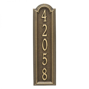 Whitehall Manchester vertical plaque. This plaque is rectangular is design with a small arch on top. This plaque has gold numbers and a brown background