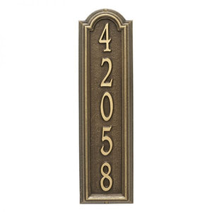 Whitehall Manchester vertical plaque. This plaque is rectangular is design with a small arch on top. This plaque has gold numbers and a brown background