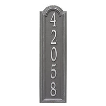 Load image into Gallery viewer, Whitehall Manchester vertical plaque. This plaque is rectangular is design with a small arch on top. This plaque has pewter numbers and a silver  background
