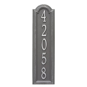 Whitehall Manchester vertical plaque. This plaque is rectangular is design with a small arch on top. This plaque has pewter numbers and a silver  background