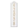 Whitehall Manchester vertical plaque. This plaque is rectangular is design with a small arch on top. This plaque has gold numbers and a white background