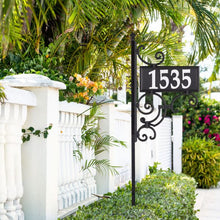 Load image into Gallery viewer, Nite Bright reflective ornate post with rectangle address plaque mounted in flower bed
