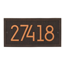 Load image into Gallery viewer, Whitehall rectangle modern plaque with brown background and border. Up to five oil rubbed modern numbers can be placed on the plaque.
