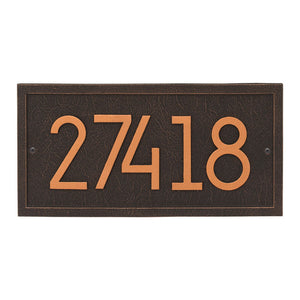 Whitehall rectangle modern plaque with brown background and border. Up to five oil rubbed modern numbers can be placed on the plaque.
