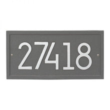 Load image into Gallery viewer, Whitehall rectangle modern plaque with a pewter background and border. Up to five silver modern numbers can be placed on the plaque.
