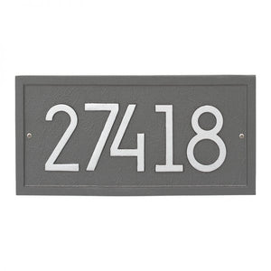 Whitehall rectangle modern plaque with a pewter background and border. Up to five silver modern numbers can be placed on the plaque.