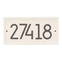 Load image into Gallery viewer, Whitehall rectangle modern plaque with a white stucco background and border. Up to five clay modern numbers can be placed on the plaque.
