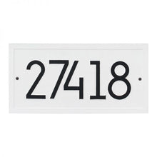 Load image into Gallery viewer, Whitehall rectangle modern plaque with white background and border. Up to five black modern numbers can be placed on the plaque.
