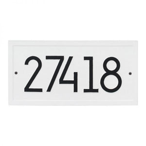 Whitehall rectangle modern plaque with white background and border. Up to five black modern numbers can be placed on the plaque.