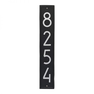 Whitehall Vertical plaque with black background and border. Up to four silver modern numbers can be placed on the plaque.