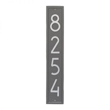 Load image into Gallery viewer, Whitehall Vertical plaque with pewter background and border. Up to four silver modern numbers can be placed on the plaque.
