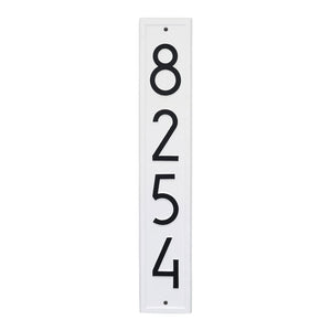 Whitehall Vertical plaque with white background and border. Up to four black modern numbers can be placed on the plaque.