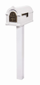 White keystone fleur de lis mailbox with brass faceplate and corresponding black square post