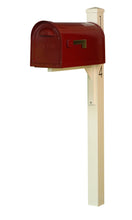 Load image into Gallery viewer, Special lite mid-century modern mailbox and post.  A wine powdered coated mailbox  with side flag. A square ivory post with pyramind finial and black vinyl address numbers on the side
