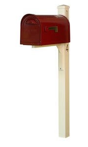 Special lite mid-century modern mailbox and post.  A wine powdered coated mailbox  with side flag. A square ivory post with pyramind finial and black vinyl address numbers on the side