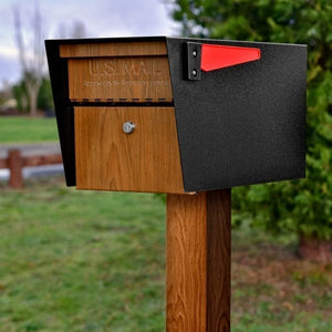 Black powder coated Mail manager mailbox with wood grain door, secure locking door, red flag, and wood grain post